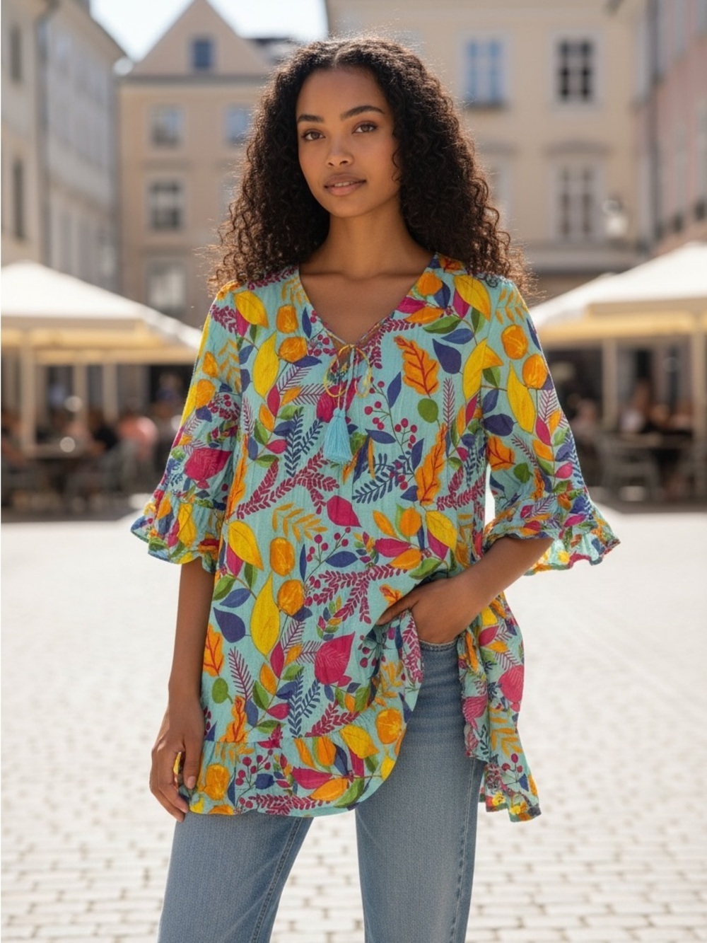 💯 Cotton Women's V-Neck Leaf Print Tunic Blouse - Multicolor
